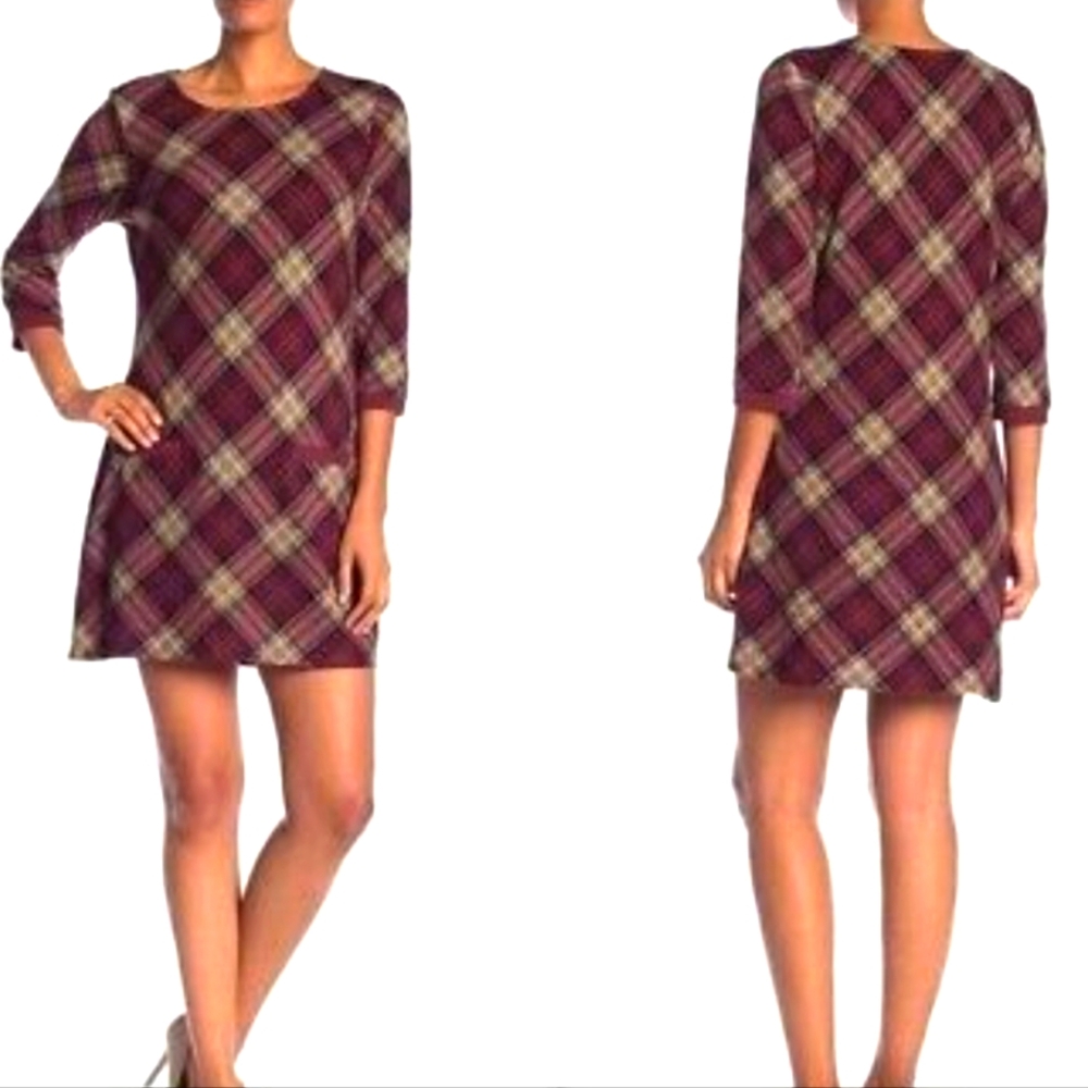 3/$25 Plaid Patterned Dress - Burgundy and Gray
